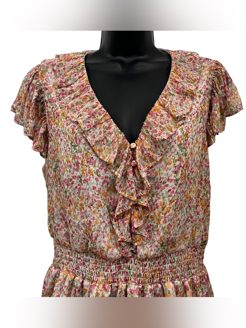 Parker Floral Ruffle Blouse Medium Cream/Pink/Orange/Green Gold Metallic Peplum - Picture 3 of 11